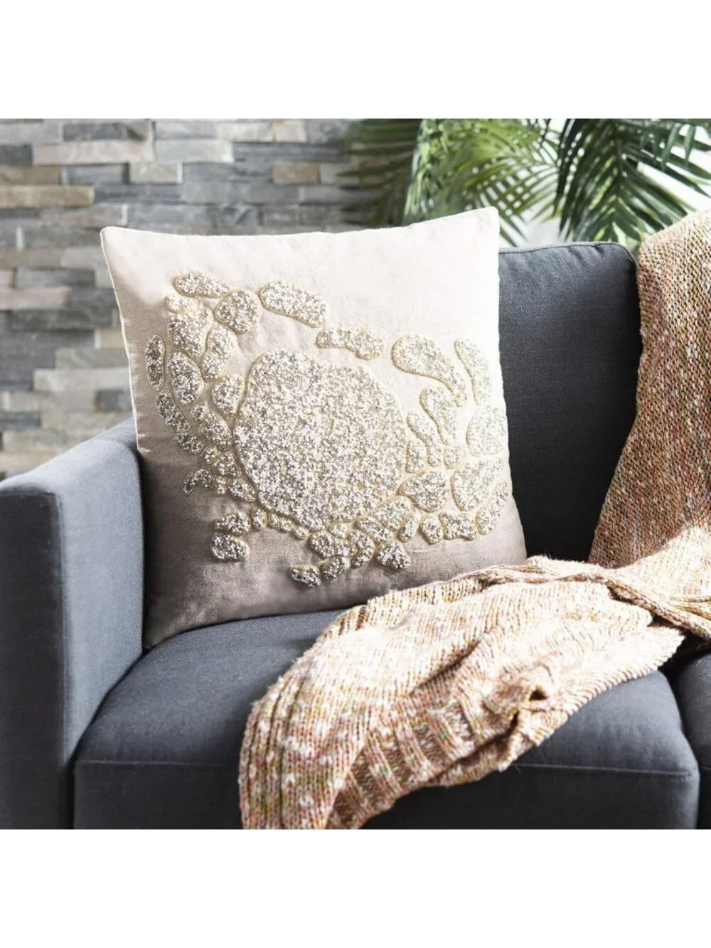 Beige and White Beaded Glam Decorative Pillow | 20-Inch Accent Cushion